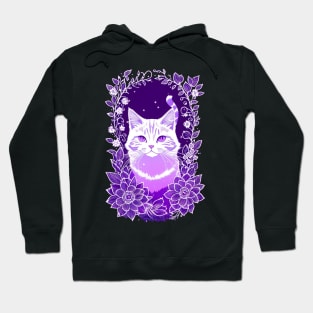 White Cat with Purple Blooms Hoodie